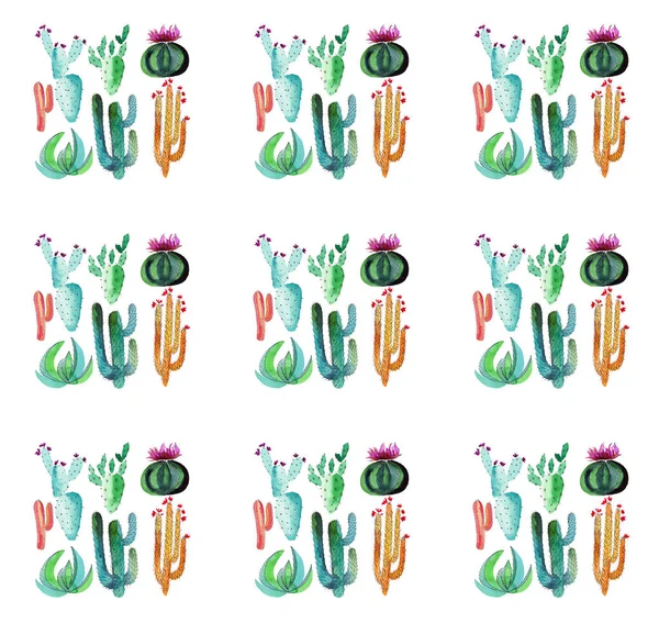 Söta underbara mexikanska tropiska hawaii blommig växtbaserade sommaren gröna mönstret av en nio sammansättning färgglada kaktus med blommor vertikala mönster färg som barn akvarell hand skiss — Stockfoto