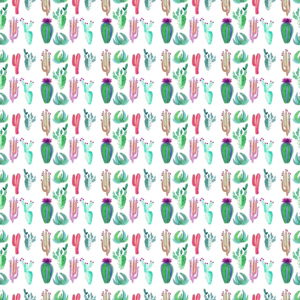 Cute wonderful mexican tropical floral summer green pattern of a colorful cactus with flowers vertical pattern paint like child watercolor hand sketch — Stock Photo, Image