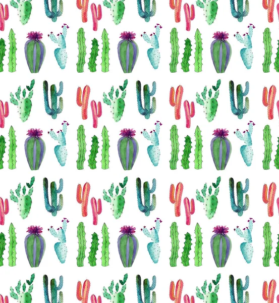 Brillante lindo maravilloso mexicano tropical floral verano verde patrón de un cactus colorido con flores patrón vertical como la pintura infantil acuarela boceto de mano — Foto de Stock