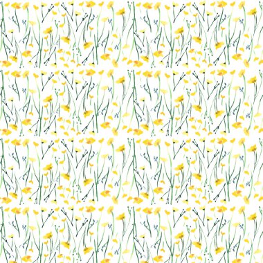 Sevimli güzel ihale zarif ince narin parlak çiçek bahar sarı çiçekler tomurcukları ve yaprakları desen suluboya el çizim ile