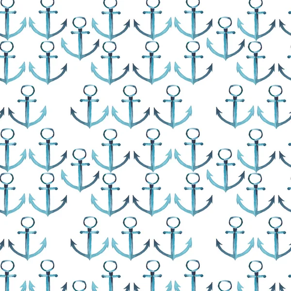 Beautiful cute graphic lovely abstract wonderful summer sea fresh marine cruise blue anchors pattern watercolor hand illustration — Stock Photo, Image