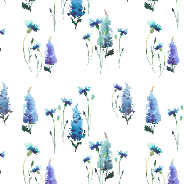 Zachte tedere fijne elegante helder verfijnde voorjaar kleurrijke Delphinium en korenbloemen met toppen patroon aquarel hand illustratie — Stockfoto