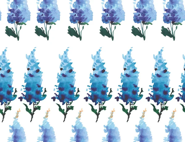 Propracované krásné nádherné světlé zadávací jemné květinové bylinné jaro léto barevné delphiniums umístěny vertikálně vzor akvarel ruka ilustrace — Stock fotografie