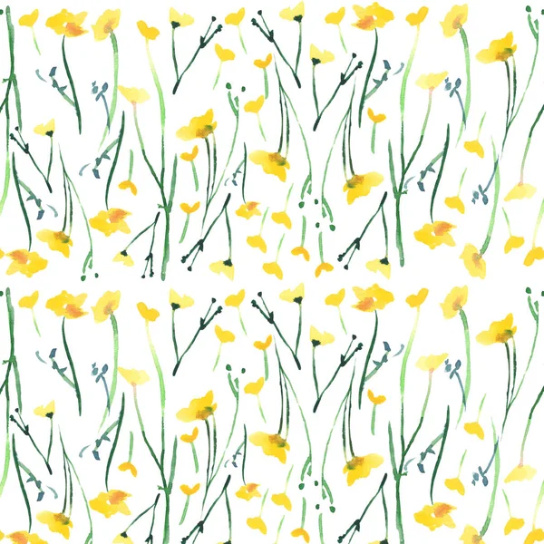 芽と葉を持つ美しい明るいかわいい素敵な優しいエレガントな優しい繊細な明るい花春黄色野草柄水彩手の図 — ストック写真