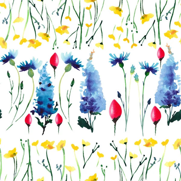 Inschrijving delicaat mooie helder verfijnde voorjaar kleurrijke textiel blauw Delphinium en rood roze violet tulpen en blauwe bluebells met bladeren patroon aquarel hand schets — Stockfoto