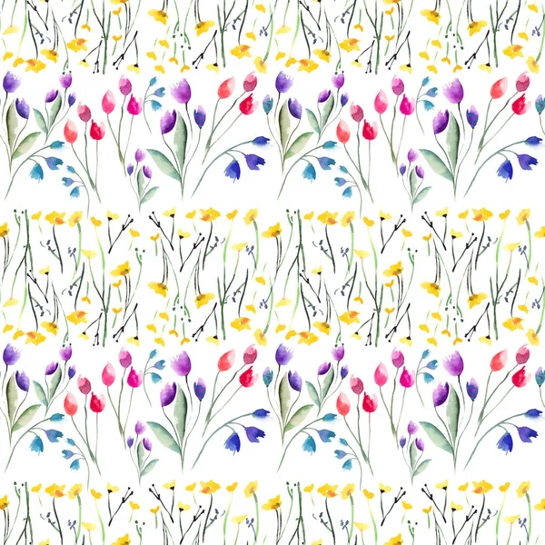 Tender delicate beautiful bright sophisticated spring colorful textile yellow wildflowers  and red pink violet tulips and blue bluebells with leaves pattern watercolor hand sketch — Stock Photo, Image