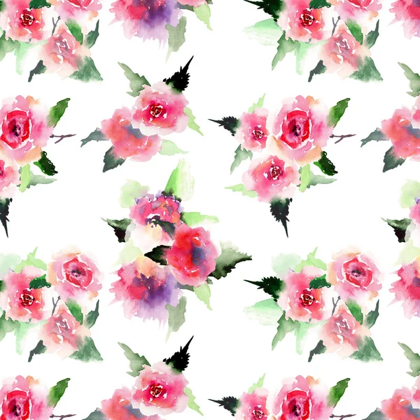 Κομψό εξελιγμένα υπέροχο floral πολύχρωμο άνοιξη καλοκαίρι ροζ και κόκκινα τριαντάφυλλα με πράσινα φύλλα ανθοδέσμες διαγώνια μοτίβο ακουαρέλα χέρι εικονογράφηση — Φωτογραφία Αρχείου