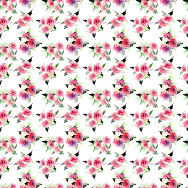 Brilhante bonito elegante sofisticado floral colorido primavera verão rosa e rosas vermelhas com botões e folhas buquês diagonal padrão aquarela mão ilustração — Fotografia de Stock