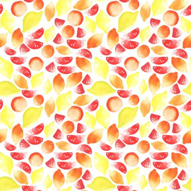 El illüstrasyon parlak lezzetli lezzetli lezzetli yaz çok renkli tropikal narenciye dilimlenmiş ve bütün limon ve greyfurt suluboya