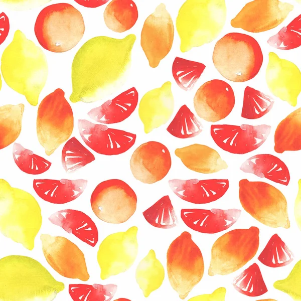 Hermoso delicioso delicioso verano tropical cítricos multicolor en rodajas y limones amarillos enteros y pomelo rojo acuarela mano ilustración — Foto de Stock
