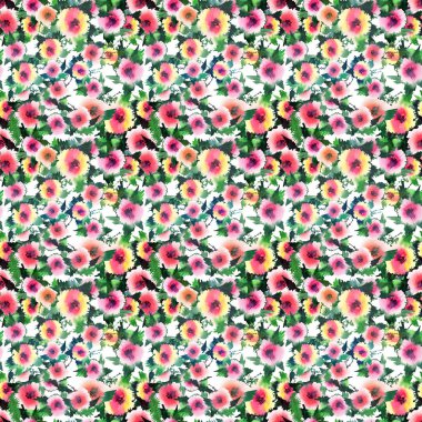 Renkli kır çiçekleri gül tomurcukları ve yeşil yaprakları desen suluboya el kroki şirin ihale güzel nazik zarif güzel güzel bahar