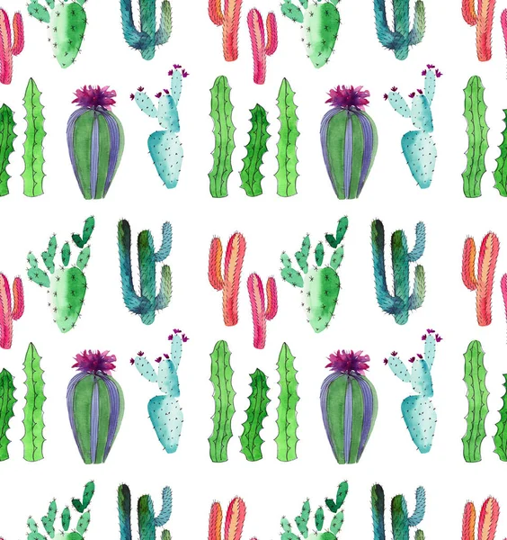 Brillante lindo maravilloso mexicano tropical floral verano verde patrón de un cactus colorido con flores patrón vertical como la pintura infantil acuarela boceto de mano —  Fotos de Stock