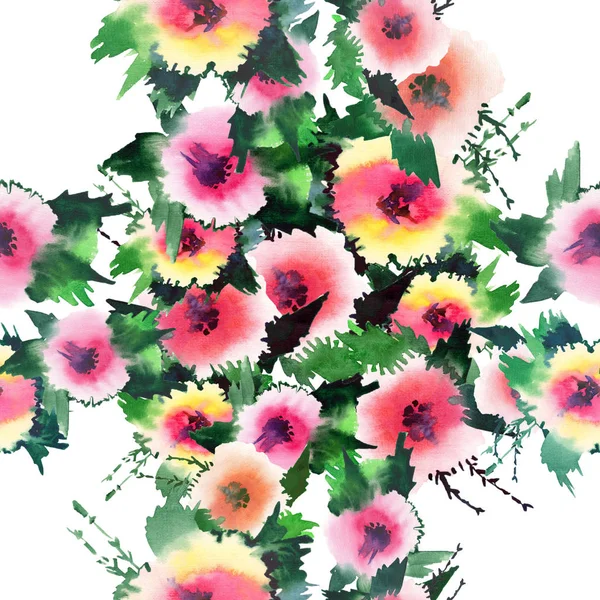Mooie zachte elegante prachtige mooie lente kleurrijke wilde bloemen rozen met toppen en bladeren patroon aquarel hand illustratie — Stockfoto