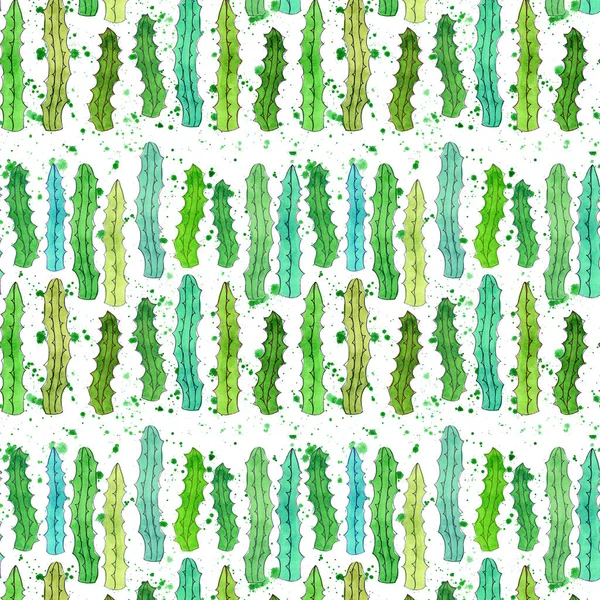 Cute wonderful mexican hawaii tropical floral herbal summer green pattern of a colorful cactus aloe vera vertical pattern paint like child watercolor hand sketch — Stock Photo, Image