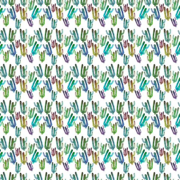 Beautiful cute lovely wonderful mexican hawaii tropical floral herbal summer green pattern of a colorful cactus pattern paint like child watercolor and pen hand illustration — Stock Photo, Image