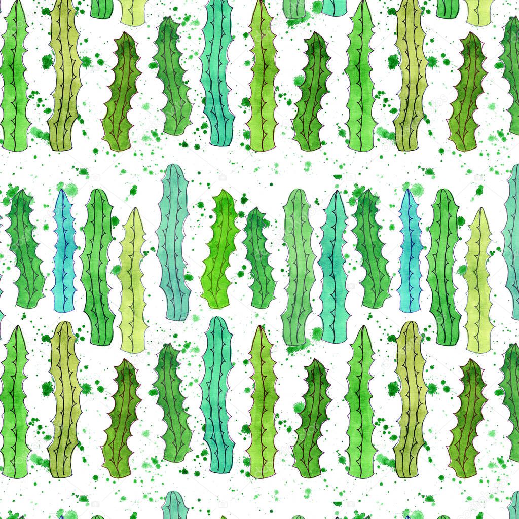 Cute wonderful mexican hawaii tropical floral herbal summer green pattern of a colorful cactus aloe vera vertical pattern paint like child watercolor hand sketch