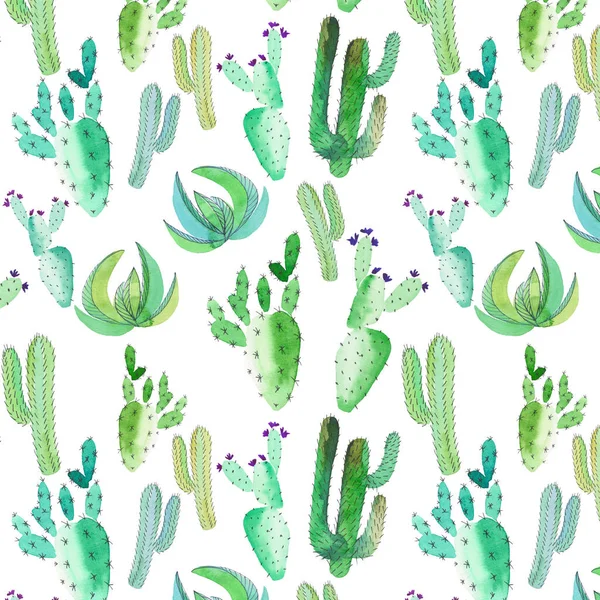 Brillante encantador sofisticado hawaii tropical floral patrón verde de verano de hierbas de una pintura de cactus como acuarela infantil y bosquejo de mano de pluma —  Fotos de Stock