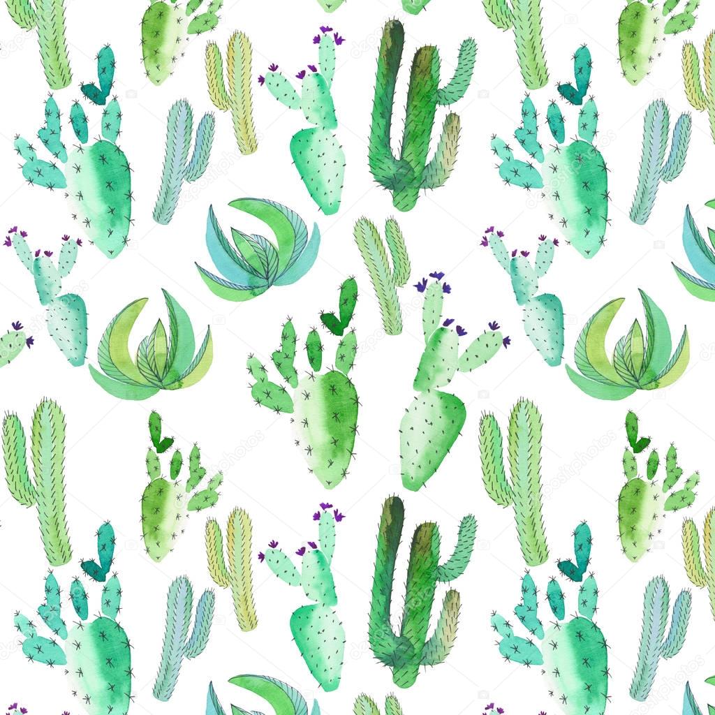 Bright lovely sophisticated mexican hawaii tropical floral herbal summer green pattern of a cactus paint like child watercolor and pen hand sketch