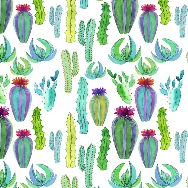 Sofisticado hermoso lindo hawaii mexicano tropical floral herbal verano colorido patrón de un cactus con flores pintura como acuarela infantil e ilustración de la mano pluma —  Fotos de Stock