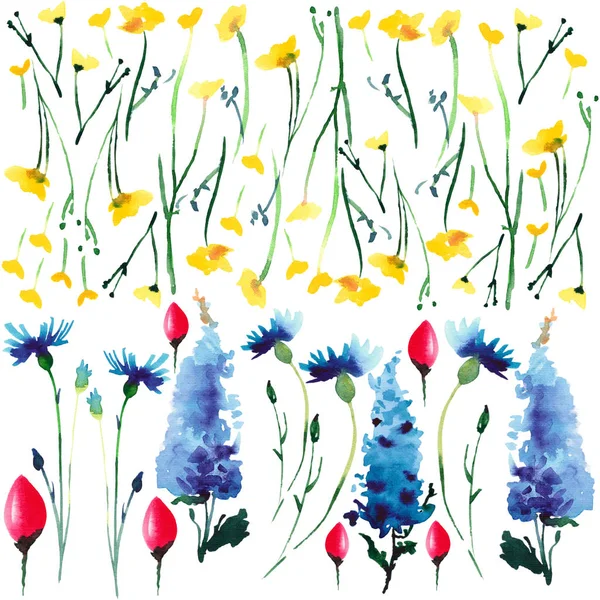 Inschrijving delicaat mooie helder verfijnde voorjaar kleurrijke textiel blauw Delphinium en rood roze violet tulpen en blauwe bluebells met bladeren patroon aquarel hand schets — Stockfoto