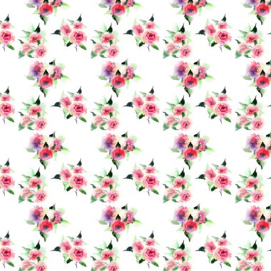 Güzel şirin muhteşem muhteşem muhteşem bitkisel bahar renkli pembe ve kırmızı gül yaprakları buketleri desen suluboya el kroki ile