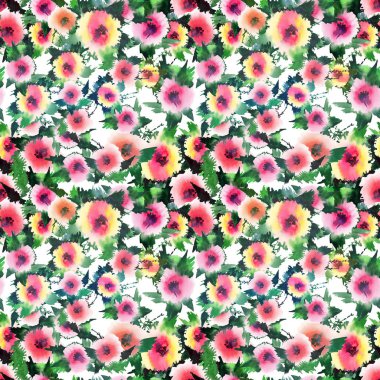 Parlak muhteşem sofistike güzel bahar renkli kır çiçekleri gül tomurcukları ve yeşil yaprakları desen suluboya el kroki ile