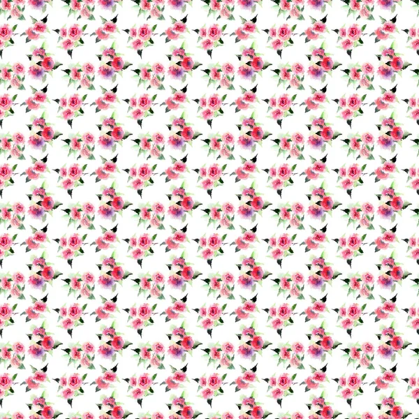 Mooie heldere schattig elegante mooie bloemen kleurrijke lente zomer roze en rode rozen met toppen en bladeren boeketten diagonaal patroon aquarel hand schets — Stockfoto