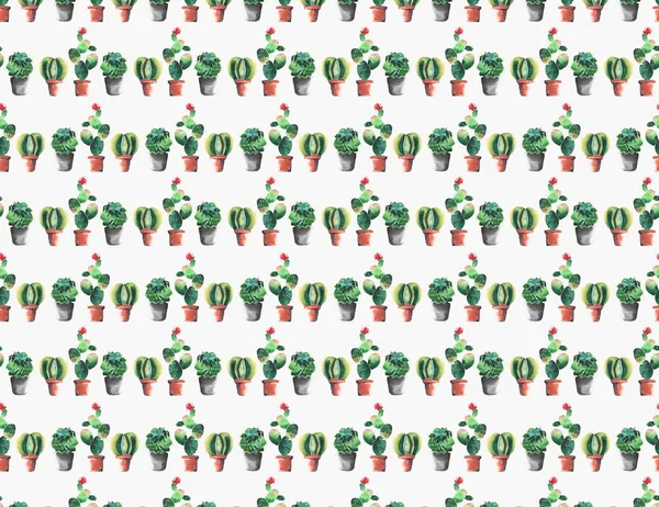 Precioso gráfico lindo maravilloso abstracto hermoso patrón de verano brillante de dos líneas de cactus coloridos en macetas de arcilla roja y marrón con flores patrón vertical acuarela mano ilustración — Foto de Stock
