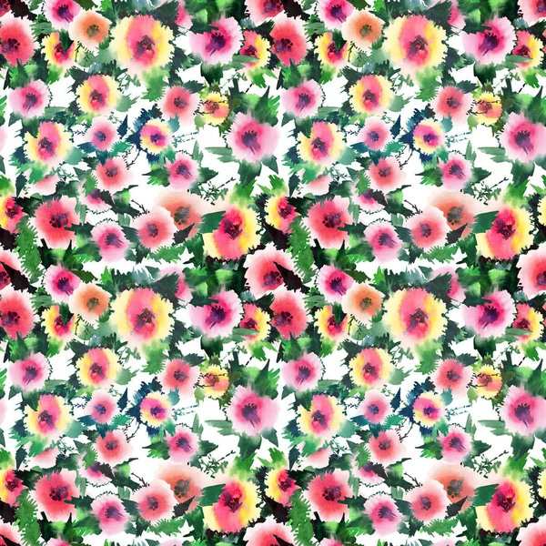 Brilhante lindo sofisticado linda primavera colorido flores silvestres rosas com botões e folhas verdes padrão aquarela mão esboço — Fotografia de Stock