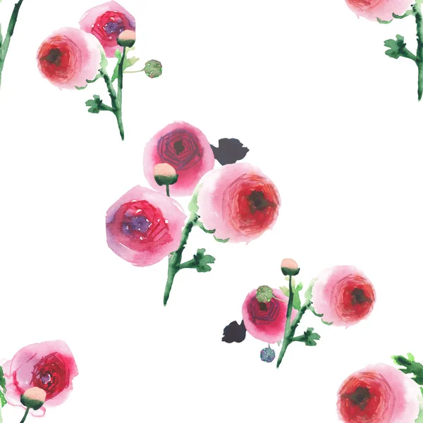Ροζ και κόκκινα τριαντάφυλλα όμορφα φωτεινά χαριτωμένο κομψό διαγωνισμού απαλή υπέροχο φλοράλ πολύχρωμα αγριολούλουδα με μπουμπούκια και τα φύλλα ανθοδέσμες διαγώνια μοτίβο ακουαρέλα χέρι σκίτσο — Φωτογραφία Αρχείου