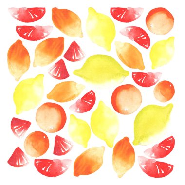 El illüstrasyon parlak lezzetli lezzetli lezzetli yaz çok renkli tropikal narenciye dilimlenmiş ve bütün limon ve greyfurt kompozisyon suluboya