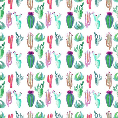 Çocuk boya suluboya el kroki gibi çiçekler dikey desenli parlak şirin harika Meksika tropikal çiçek yaz yeşil desen renkli bir kaktüs