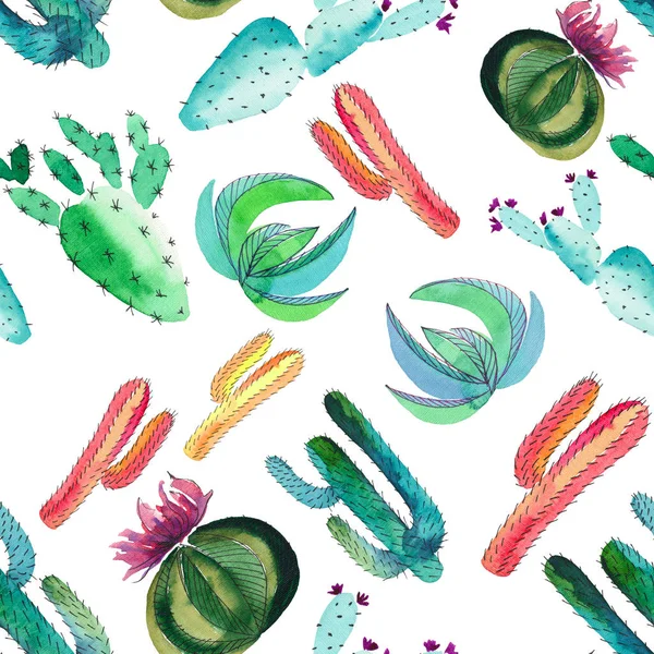 Lumineux mignon merveilleux mexicain tropical floral motif vert d'été d'un cactus coloré avec des fleurs motif vertical comme enfant peinture aquarelle croquis à la main — Photo