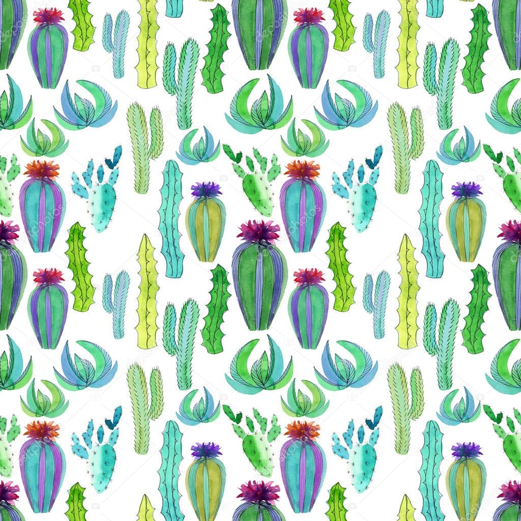 Sophisticated beautiful cute mexican hawaii tropical floral herbal summer colorful pattern of a cactus with flowers paint like child watercolor and pen hand illustration