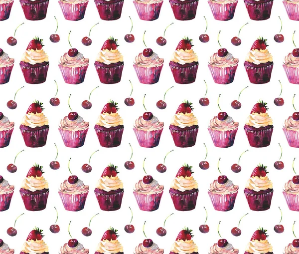 Bright beautiful tender delicious tasty chocolate yummy summer dessert cupcakes with cream red cherry and strawberry pattern watercolor hand illustration — Stock Photo, Image