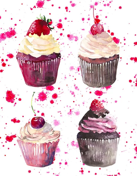 Brilhante belo concurso delicioso saboroso chocolate delicioso sobremesa de verão quatro cupcakes com morango cereja vermelha e framboesa em spray rosa vermelho aquarela esboço da mão — Fotografia de Stock