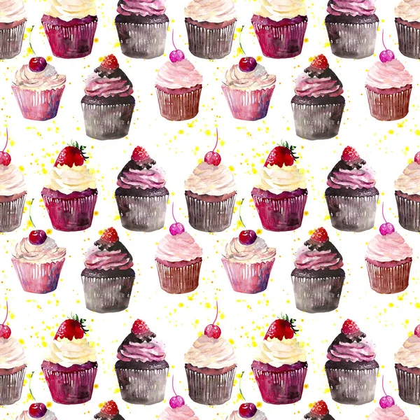 Bright beautiful tender delicious tasty chocolate yummy summer dessert cupcakes with red cherry strawberry and raspberry on yellow spray pattern watercolor hand illustration — Stock Photo, Image