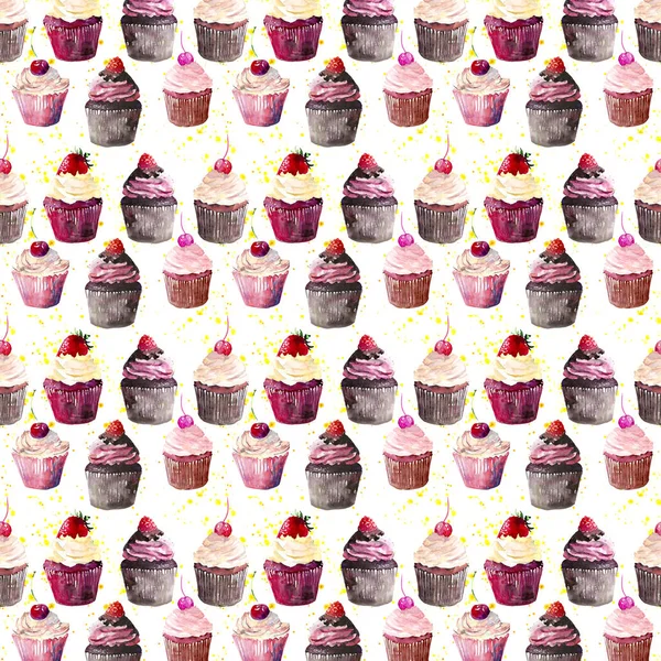 Brilhante belo concurso delicioso saboroso chocolate delicioso cupcakes de sobremesa de verão com morango cereja vermelha e framboesa no padrão de spray amarelo ilustração mão aquarela — Fotografia de Stock