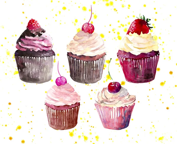 Cinco lindos doces deliciosos deliciosos deliciosos cupcakes saborosos de sobremesa de verão com morango de cereja vermelho e framboesa na ilustração de mão de aquarela de spray amarelo — Fotografia de Stock