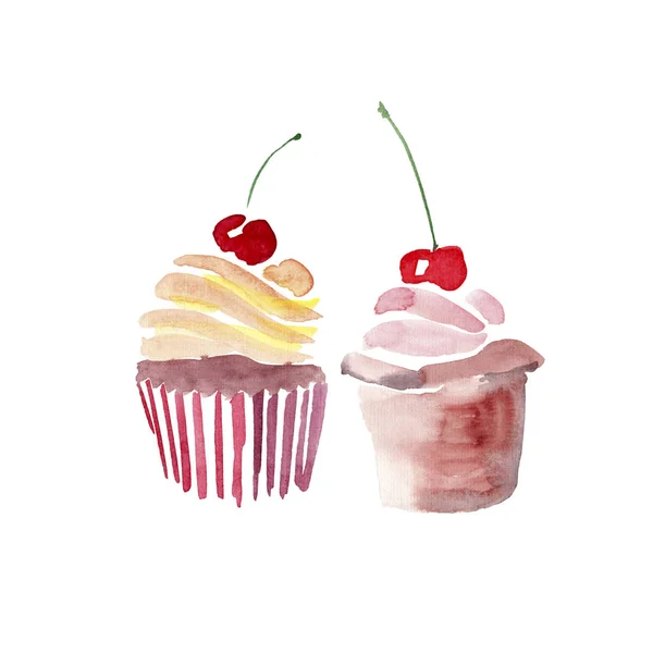 Brilhante bela concurso delicioso saborosa sobremesa de verão dois cupcakes com vermelho cereja aquarela mão ilustração — Fotografia de Stock