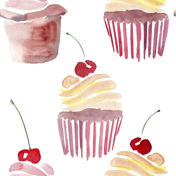 Mooie tedere mooie schattige heerlijke smakelijke lekker zomer dessert twee cupcakes met rode kersen en beige room patroon aquarel illustratie van de hand — Stockfoto
