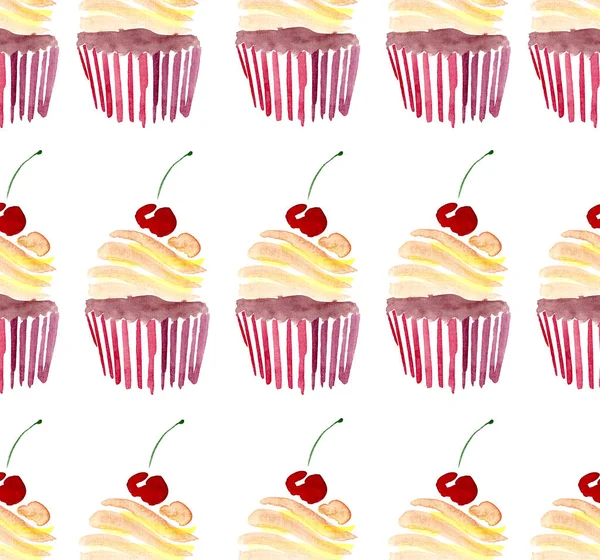Beautiful tender lovely cute delicious tasty yummy summer dessert two cupcakes with red cherry and beige cream  pattern watercolor hand illustration — Stock Photo, Image
