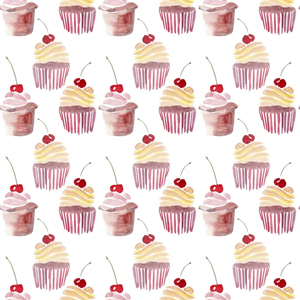 Bright beautiful tender lovely cute delicious tasty yummy summer dessert two cupcakes with red cherry pattern watercolor hand sketch — Stock Photo, Image