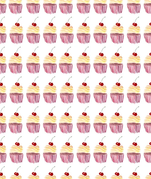 Bright beautiful tender lovely cute delicious tasty yummy summer dessert two cupcakes with red cherry pattern watercolor hand sketch — Stock Photo, Image