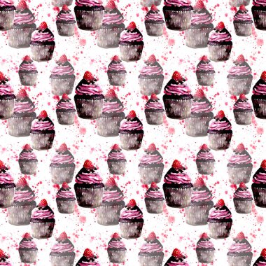 Kroki kırmızı sprey desen suluboya ve kalem Kırmızı Ahududu ile güzel ihale parlak grafik lezzetli lezzetli çikolata lezzetli yaz tatlı cupcakes el