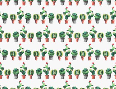 Bir iki satır renkli kaktüsler kırmızı ve kahverengi kil tencere çiçek dikey ışıma suluboya el kroki ile güzel şirin grafik harika soyut güzel parlak yaz desen