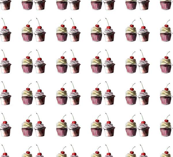 Bright beautiful tender graphic delicious tasty chocolate yummy summer dessert cupcakes with cream red cherry pattern watercolor and pen hand illustration — Stock Photo, Image