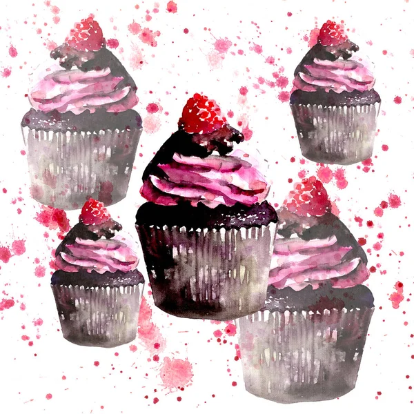 Beautiful tender bright graphic delicious tasty chocolate yummy summer dessert cupcakes with red raspberry on red spray watercolor and pen hand illustration — Stock Photo, Image