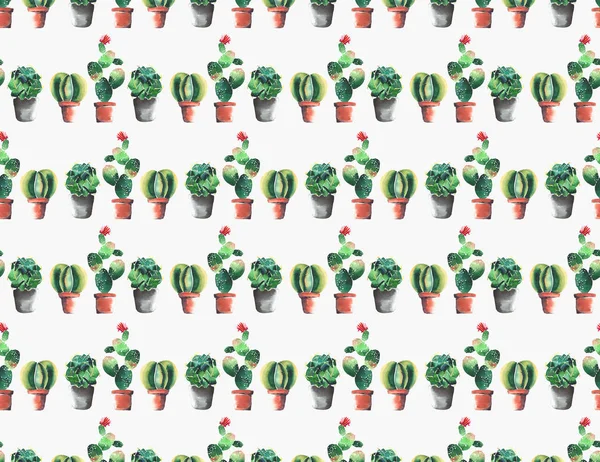 Lovely cute graphic wonderful abstract beautiful bright summer pattern of a two lines colorful cacti in red and brown clay pots with flowers vertical pattern watercolor hand sketch — Stock Photo, Image