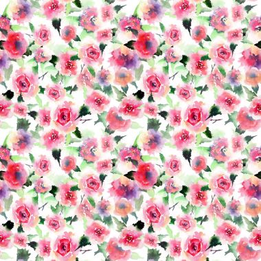 Güzel parlak şirin zarif güzel çiçek renkli bahar yaz pembe ve kırmızı gül tomurcukları ve yaprakları buketleri köşegen desen suluboya el ile kroki